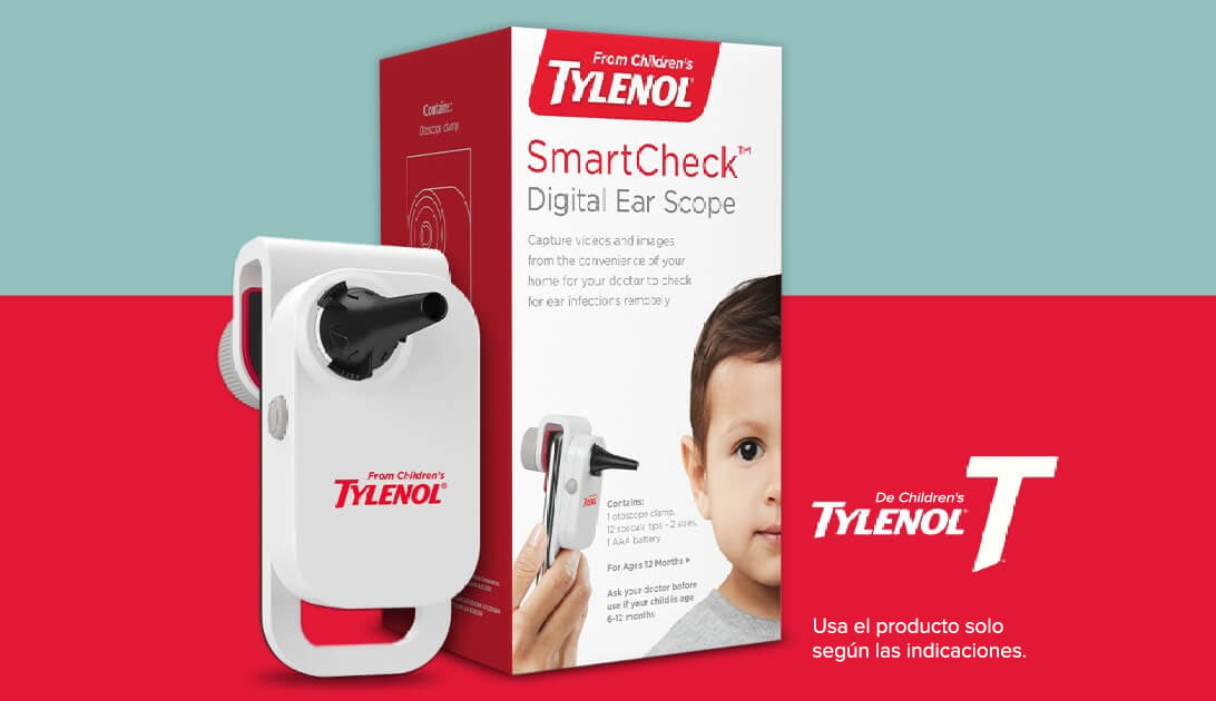Empaque del producto digital para revisión de oídos SmartCheck de Tylenol