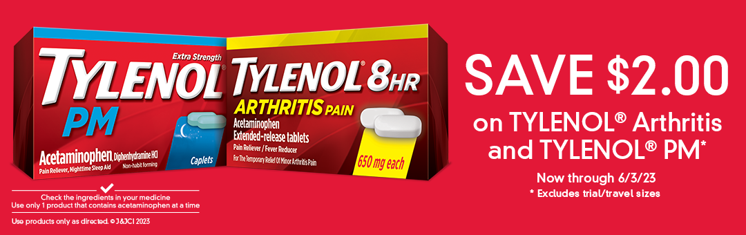 Caja de Tylenol Arthritis Relief y Tylenol PM Pain Relief con un mensaje de descuento de $2; cupón válido hasta el 3 de junio de 2023